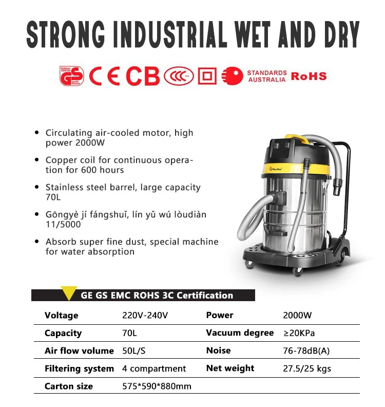 Sino Star Band 70L Stainless Steel Tank 2000W Large Aspiradora Industrial Big Power Vacuum Cleaner